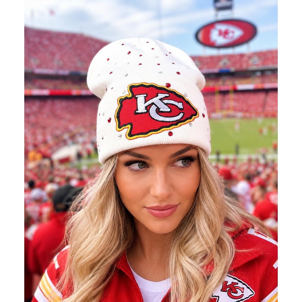 Kansas City Chiefs Rhinestone Beanie White Knit Hat KC Arrowhead Logo Bling